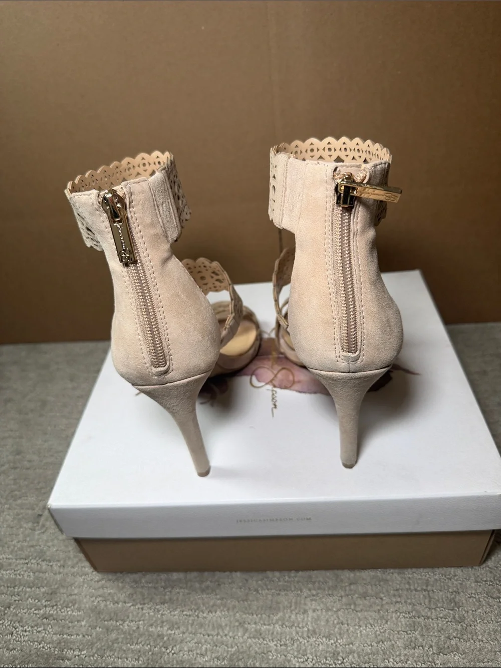 Jessica Simpson Nude Laser-Cut Suede Heel Sandals 4 inches